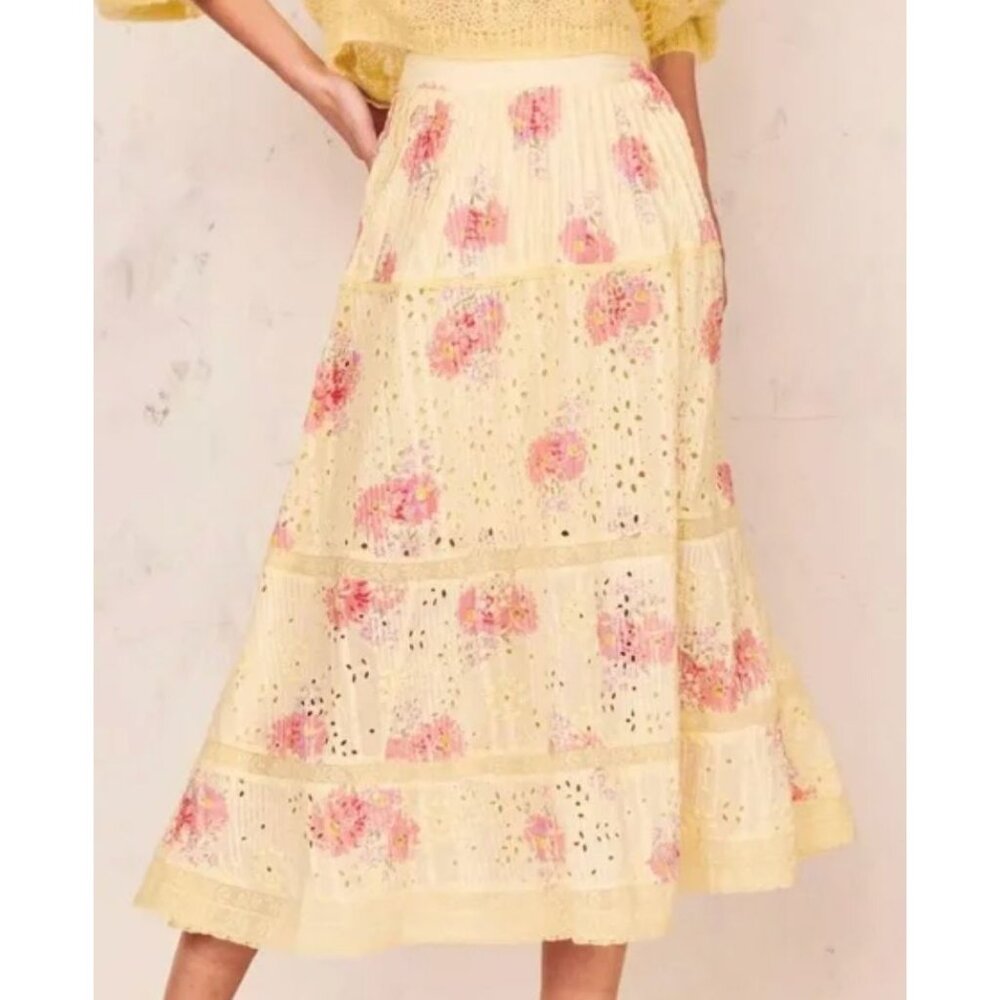 LoveShackFancy ‘Hestia’ Floral Midi Skirt in “Mellow Yellow”-sz 8